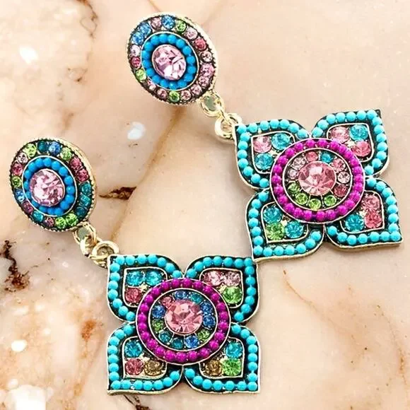 New Multicolor Beaded Jewel Mandala Earrings Boho Flower Indian Rhinestone Azure - Picture 1 of 2
